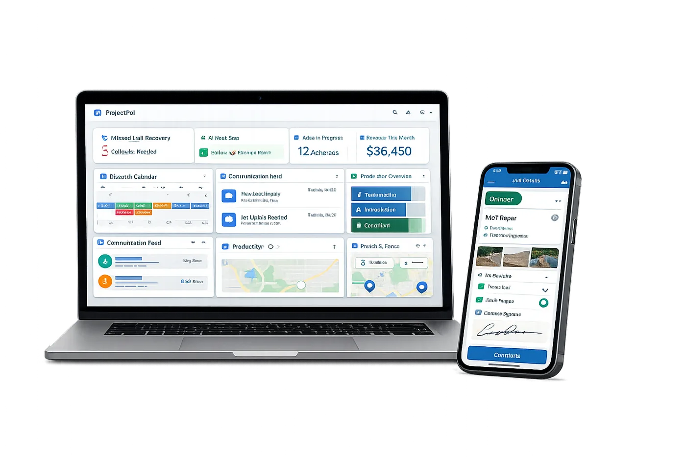 The ProjectPal dashboard on a laptop — missed-call recovery, dispatch calendar, and conversation feed — next to the mobile app showing a job in the field.